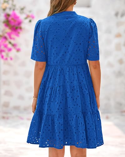 Image of BTFBM Womens Boho Summer Dresses 2026 Spring V Neck Short Sleeve Hollow Out Lace Ruffle Casual Beach Mini Vacation Dress