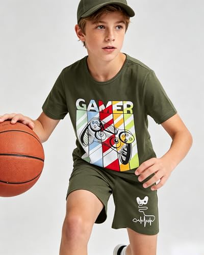 Image of Cakaner Tween Boys Summer Clothes 2 Piece Short Sleeve Graphic T-Shirt and Shorts Casual Outfit Set Size 7-14