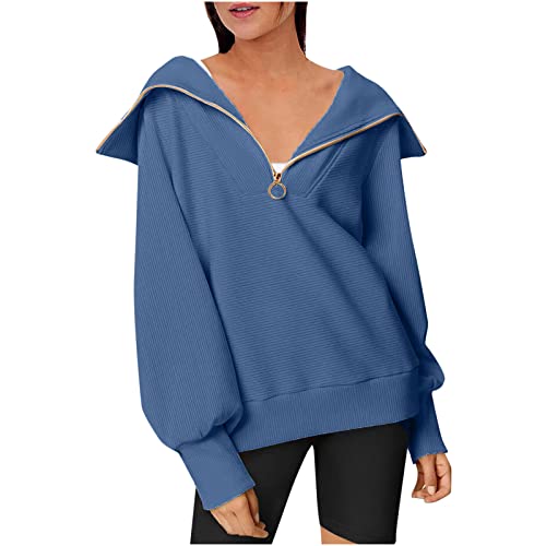Womens Casual Quarter Zip Up Pullover Sweatshirts Hoodies Long Sleeve Oversized Y2K Fall Outfits Rib Knit Clothes Teen Girls
