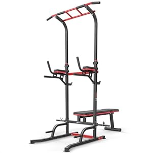 Hop-Sport Power Tower HS-2015K – Multifunctionele Krachttoren met Dipstation, Verstelbare Optrekstang, en Inklapbare Gewichtsbank – Krachttrainingsapparaat Tot 150 kg – Ideaal Voor Home Gym en Fitness