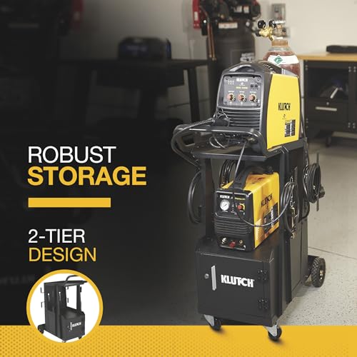 Image of Klutch 2-Tier Welding Cart with Cabinet, 100-Lb., 31.5in.L x 16.1in.W | Gas-cylinder rack, cable wraps, swivel casters, stick /plasma-cutter compatibility, fabrication /repair versatility