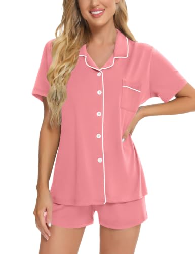 Image of SWOMOG Womens Button Down Pajamas Set Short Sleeve Sleepwear Bride Soft Pj Lounge Sets XS-3XL