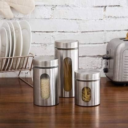 Image of Steel Glass Food Storage Airtight Tea Coffee Sugar Containers 850Ml,550Ml,350Ml For Kitchen Storage Container With Lid For Tea Coffee & Sugar,Dry Fruit Jars,Storage Box,Set Of 3 (3,Mt-4),Silver