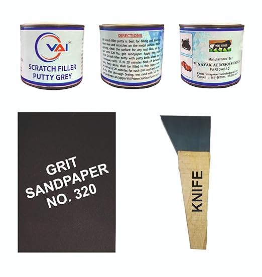 VAI Scratch filler putty Grey 200 gms 1 putty knife and 320 Grit sandpaper to Fill scratches and dent on car bike
