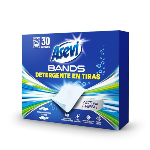 Asevi Bands Detergente en Tiras para Lavadora Active Fresh - Detergente Concentrado Hipoalergénico para Ropa Blanca y de Color Limpia - Blanqueantes Ópticos para un Extra de Luminosidad - 30 Lavados