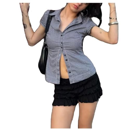 Women Y2K Button Down Plaid Shirt Preppy Slim Fit Short Sleeve Gingham Blouse Top Vintage Coquette Collar Crop Top
