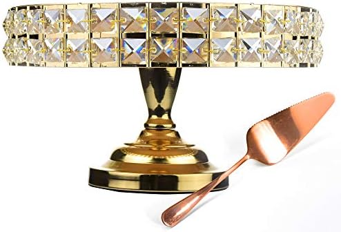 LINDLEMANN - Shiny Cake Stand - Decorative Metal Cake Holder w/Spatula - Round Stand w/Mineral Crystals -Serving Plate Dessert Table Display - Easter & Mothers' Day Gift Dessert Tray-Rose Gold(12 in)