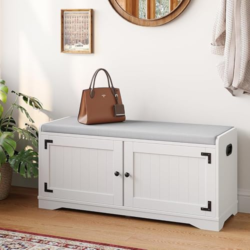 DSNAPE 2-Tier Shoe Storage Bench, 100cm Shoe Bench with Padded Seat Cushion, Entryway Bench with Handles, 2 Doors, Adjustable Shelf for Living Room, Bedroom, Front Door, Hallway, Closet - White