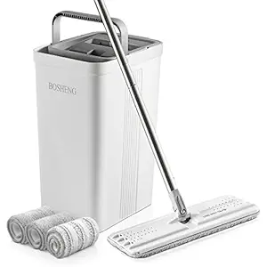 BOSHENG Mop and Bucket with Wringer Set, Flat Floor Mop and Bucket, with 3 Microfiber Mops for Floor Cleaning, Wet and Dry Use for Household Cleaning - White