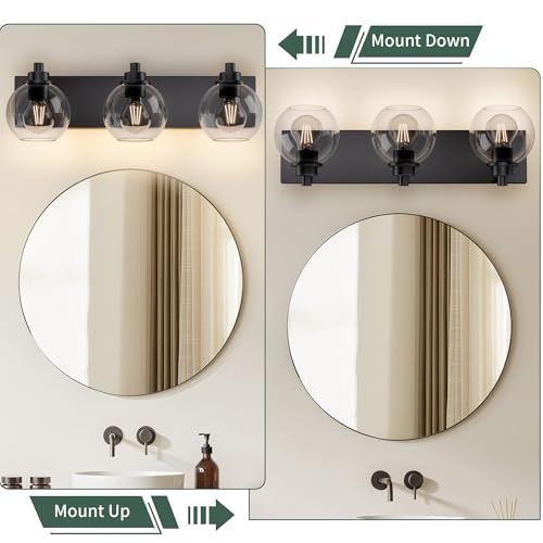 Image of Bathroom Light Fixtures-Matte Black Vanity Lights for Bathroom, Modern Black Vanity Lights 3-Light Bathrooms Lighting Fixtures Over Mirror with Clear Glass Shade