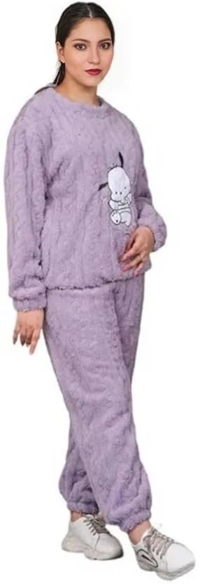 Image of Women's Fur Long Sleeve Nightsuit | Regular Fit Warm Top and Pyjama Set | Winter Wear Sweatpant Set for Women