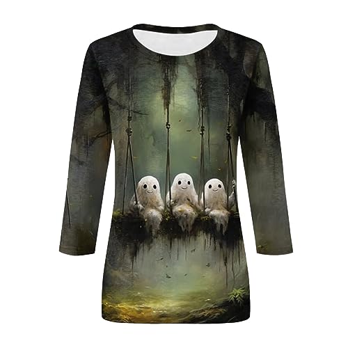 Halloween Shirts for Women 3/4 Sleeve Plus Size Crewneck Loose Fit Cute T Shirt Halloween Costumes for Women 2025