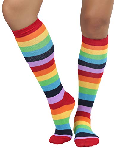 Image of ToBeInStyle Women's Bright Vibrant Rainbow Striped Thigh High Rave Stockings
