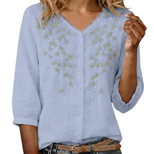Blouse lin femme col V manches mi-longues tunique ample et légère brodée