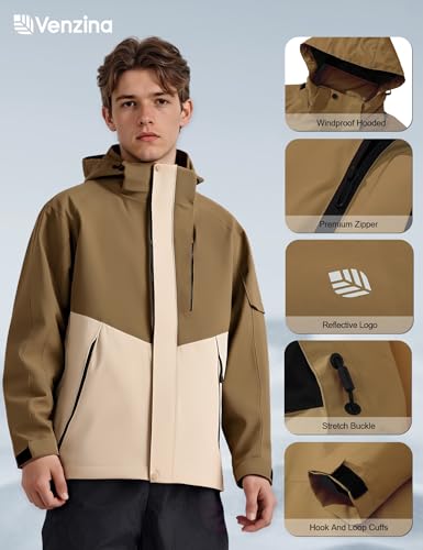 Image of Venzina Men's Waterproof Rain Jacket-Lightweight Windbreaker with Color Block Design, Breathable for Urban Outdoor, Daily Commuting I Fashion Unisex Couple Jacket