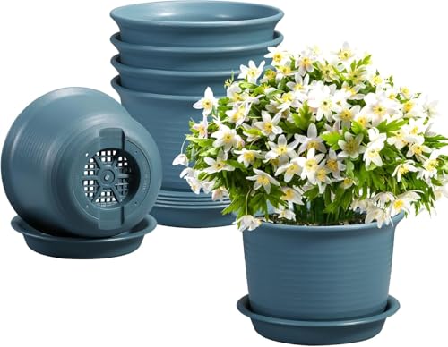 BSTMOME 6-teiliges Kunststoff-Pflanzgefäß-Set, 15,2 cm, verdickte Blumentöpfe mit Ablauflöchern und Tabletts, Kräutertöpfe, Fensterbank, Pflanztöpfe für Innen- und Außenbereich, Heim- und