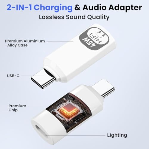 Image of Verilux 2 in 1 Lighting to C Earphone Converter, PD 45W Type C Male to Lighting Female Adapter with 480Mbps High-Speed Data Transmission for iPhone 17 /16 /15 Series, iPad mini /Air /Pro