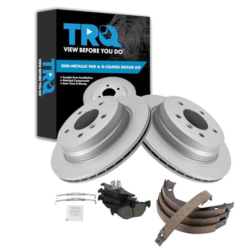 Image of TRQ Rear Brake Pad and Rotor Set Semi Metallic G Coated Rotors Parking Shoe Compatible with 2007-2013 BMW 328i 2009-2013 328i xDrive 2007-2008 328xi 2013-2015 X1