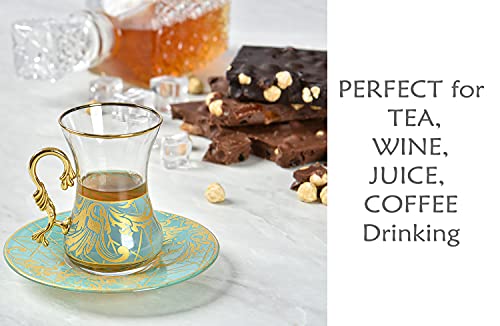 Vintage Turkish Tea Glasses Cups And Saucers Set Of 6 For Party Adults Fancy Persian Gold Decorative Serving Teacups Teapot Gift Drinking Women Coffee Moroccan Wine Style Mugs Floral Unique #TOP2