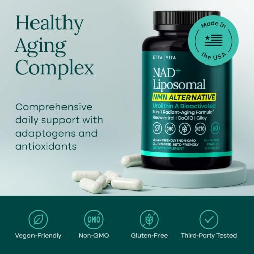 Image of Liposomal NAD+ Supplement - Resveratrol, Muira Puama, Urolithin A, CoQ10 & Giloy (Made in USA) NAD Supplement for Natural Energy, Brain Fog, Digestion, Detox, Gut Health, Microbiome