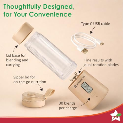Image of Wonderchef Twister Portable Blender, 500ml, Dual-rotation Stainless-steel Blades, For Crushing Ice, Smoothies, Shakes, Salad Dressings, For Backpacks /Office Bags, Type-c Charge, 1-Yr Warranty, Coffee