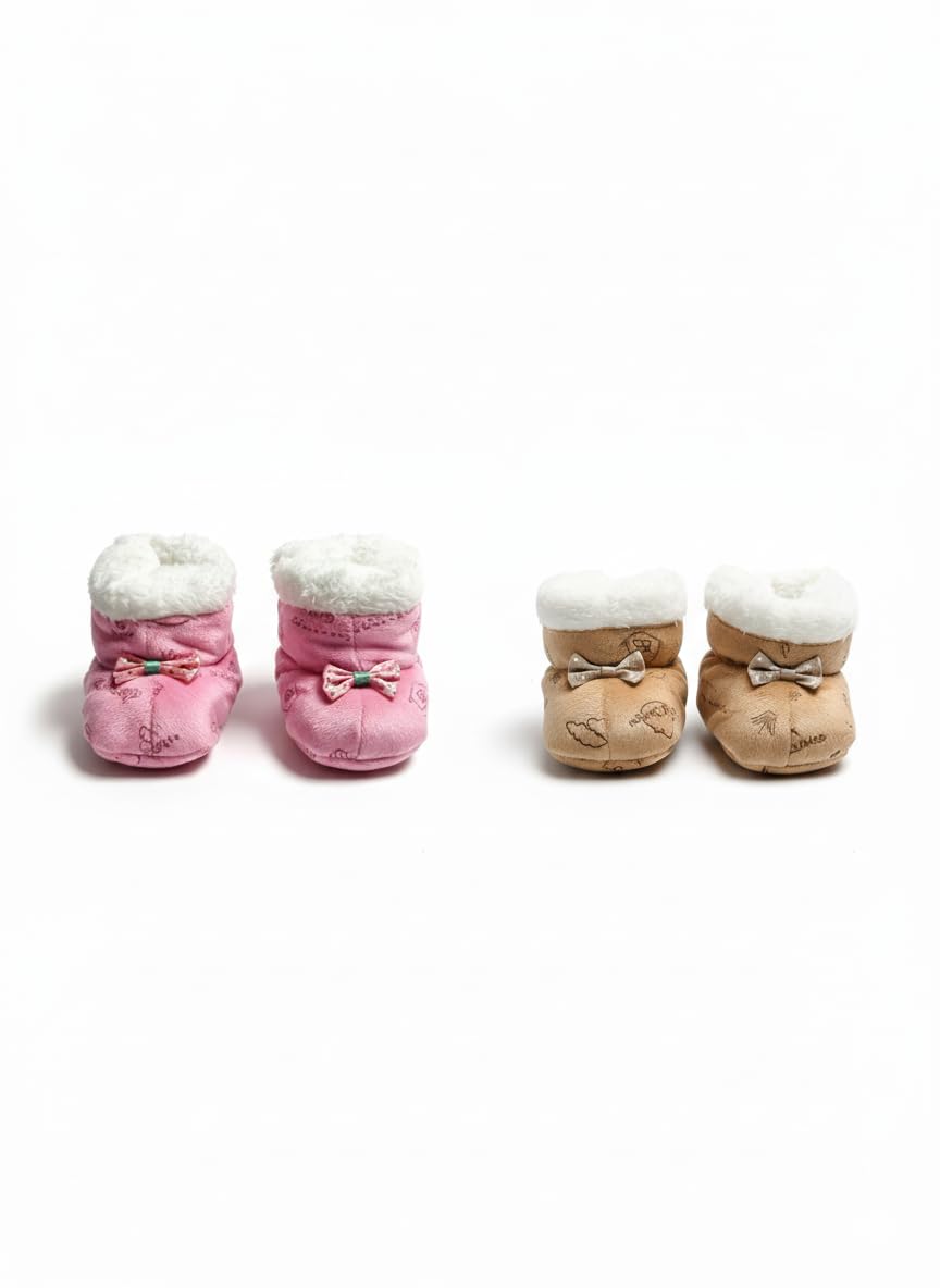 Newborn Cozy Winter Booties, Ultra Soft and Comfortable, Pink and Tan with White Fur Trim, Bow Detail-picture-43