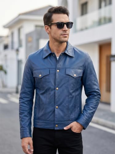 Image of Vintage Style Trucker Leather Jacket Men Real Lambskin Vintage Trucker Shirt Collar Mens Leather Jackets