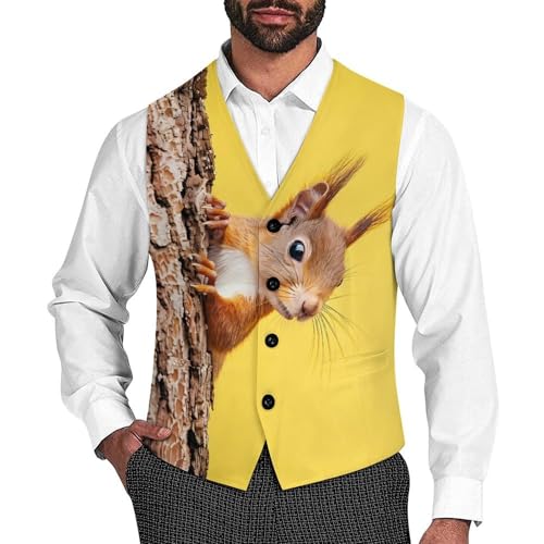Cute Red Squirrel Peeking From Tree Novelty Men's Suit Vest Funny Formal Dress Vests Business Waistcoat - Main Image