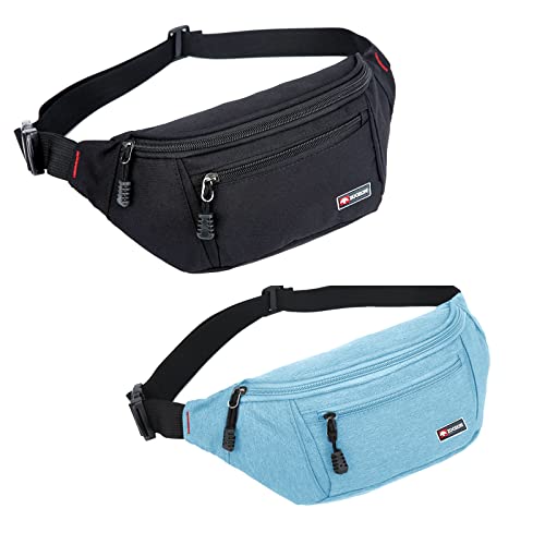 ZOORON 2 Packs Fanny Packs for Men and Women, Waterproof Sports Waist Pack Bag Hip Bum Bag for Travel Hiking Running, Dark Gray+Sky Blue
