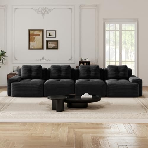 Image of 153 inch Extra Large 4-Seater Modular Boneless Couch, Luxury Corduroy Fabric, Deep Seat Cloud sectional Sofa with Buckle Connection, No Assembly Anti-Slip Couch for Big Living Room, Black