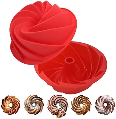 YIXIValley 2PCs Set 9.5 Inch Bunte Cake Pan, Red Silicone Fluted Para Gelatinas Cake Mold, Nonstick Cake Pan with Spiral Design for Cake Jello Bread Birthday Party