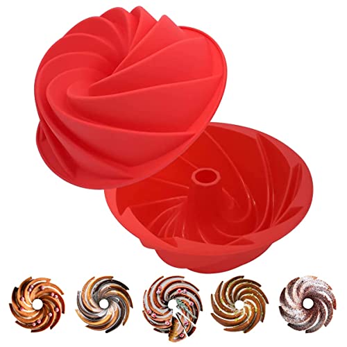 Yixivalley 2Pcs Set 9.5 Inch Bunte Cake Pan, Red Silicone Fluted Para Gelatinas Cake Mold, Nonstick Cake Pan With Spiral Design For Cake Jello Bread Birthday Party #TOP23