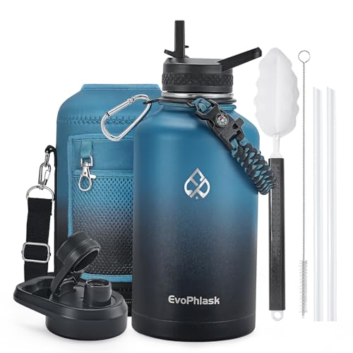 EvoPhlask Insulated Water Bottle 64 oz, Vacuum Stainless Steel Water Bottle Keep Cold 48Hrs, Half Gallon Large Water Jug for Travel, Sport, Gym, Hiking with Carrier Bag, Indigo/Black
