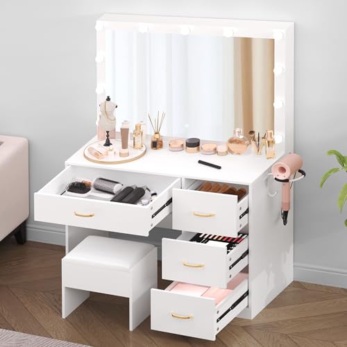 DWVO LED Makeup Vanity Table with 3 Light Modes, 4 Storage Drawers, Built-in Power Outlets & Hairdryer Holder, Dressing Table with Cushioned Stool