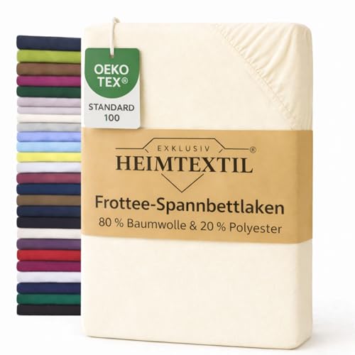 EXKLUSIV HEIMTEXTIL Frottee Spannbettlaken Marke 180 x 200 cm 80% Baumwolle, 20% Polyester Öko - Tex Zertifiziert, Markenqualität, Matratzenhöhe bis 25 cm, Naturweiss