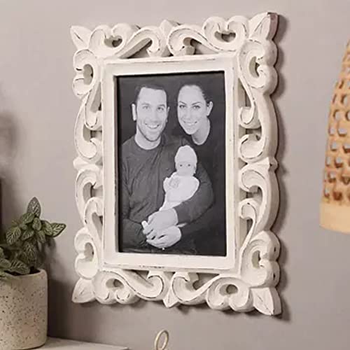 Image of Wooden H& Carved Photo Frame for Wall Mounted & Tabletops Display - 27L x 22W Centimeter Picture Frame - Wood Carving Decorative Home Decor Accessories Distressed Finish (White)Rectangular