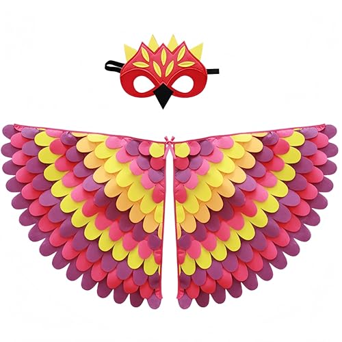Proumhang Kids Bird Wings Costume For Age 3~8 Years,Bird Owl And Peacock Masque Owl Dress Up,Boys Girls Felt Eye Masque And Wings Set,Halloween Colorful Fancy Dress