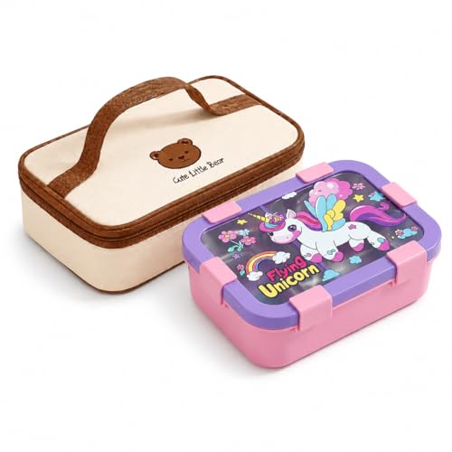 Image of Motka Kids 700 ML Lunch Box Set with Insulated Lunch Bag | 3 Compartments BPA Free Leakproof, Bento Snack Container for School, Travel & Picnic | Cute Cartoon Design for Boys & Girls (Pink)