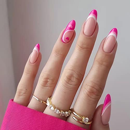 YOSOMK Press on Nails Medium Pink Almond Fake Nails Glossy Stick on Nails Full Cover Glue on Nails False Nails with Heart Designs Acrylic Nails for Women…