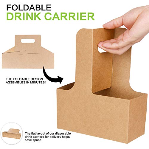 Kaderron 40 Pack Kraft Drink Carrier with Handles - 2 Cups or 4 Cups Assemblable Disposable Paperboard Drink Holders Great for All Your Drink and Food Delivery(2 Cup-40 Pack)