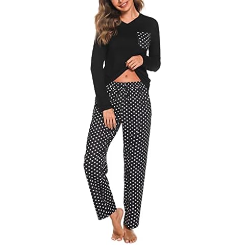 Vlazom Ladies Pyjamas Set, Soft Pj’s Sets for Women Solid Long Sleeve Tops and Dots Pants Sleepwear with Pockets, B-Black,L Cover