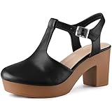 Perphy Platform T-Strap Shoes Chunky Heels Black Sandals for Women 8.5 M US