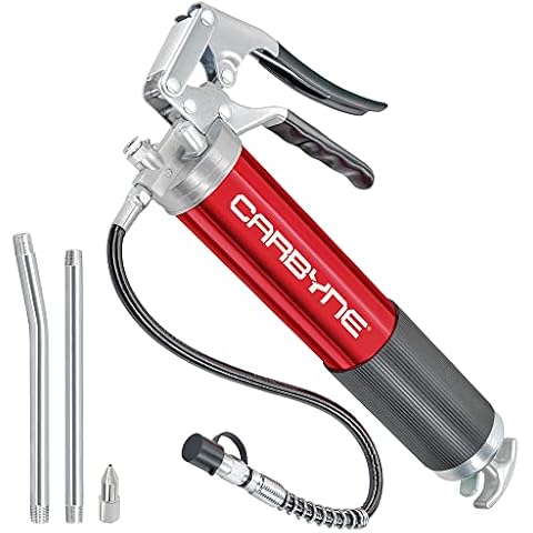 Carbyne Grease Gun - Pistol Grip, 7500 PSI, Heavy Duty Professional Quality, Anodized Aluminum Barrel. 18" HD Flex Hose w/Spring, 6" Straight & 6" Angled Tube, Coupler & Needle Noze, 3-Way Loading Cover