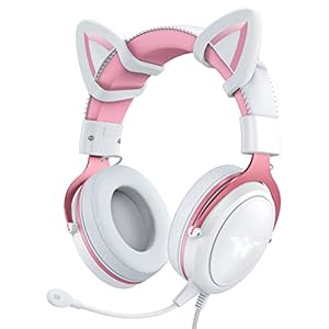 PHNIXGAM Gaming Headset with Microphone, Gaming Headphones Cat Ears Pink and White with Surround Sound, LED Backlight for PS4, PS5, Xbox One (without Adapter), PC, Mobile Phone