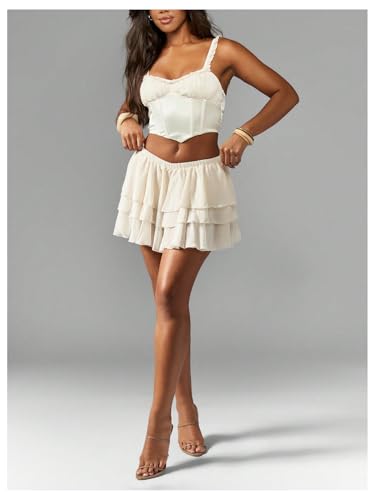 MakeMeChic Women's Summer Elegant Ruffle Tiered Mini Skirt Elastic Waist Short Skirts4