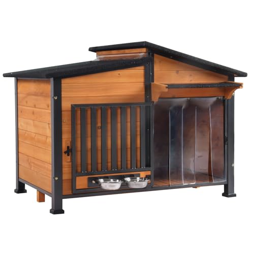 GUTINNEEN Dog House Outdoor Dog Kennel with Chew-Proof Metal Frame, Rotating Food Bowl, PVC Door Curtain, Weatherproof for Small Medium Dogs, 39.7