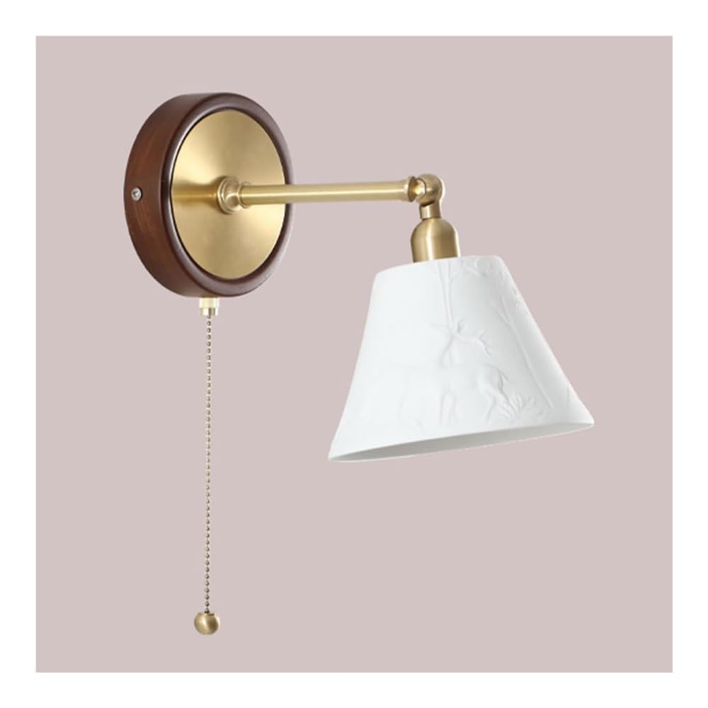 HUAYUSEDF Adjustable Copper Arm Design Bedside Wall Lamp with Pull Switch, Creative Ceramic Lampshade Light, E14 Lighting Fixtures for Bedroom Loft Living Room Kitchen, White - Sconce