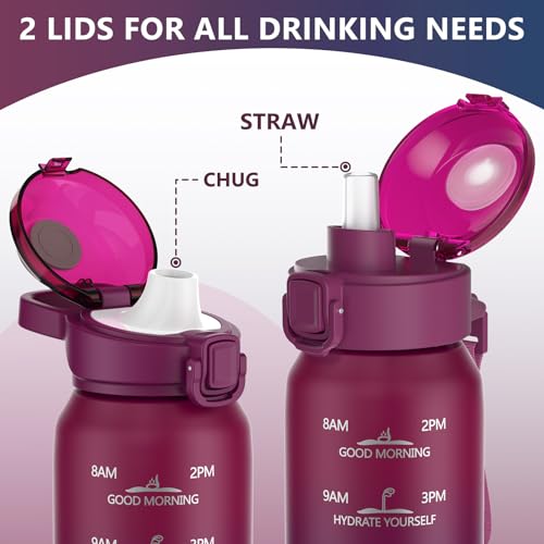 SLUXKE Insulated Water Bottle 32oz with 2Lids(Straw Lid & Spout Lid), 1L Double Walled Water Bottle with Time Marker, 1000ml Stainless Steel Metal Flask for Fitness, Gym and Outdoor RED BLACK