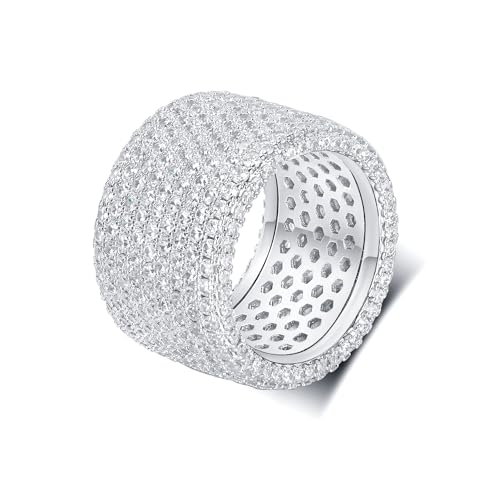 MDFUN 18K White Gold Plated Iced Out Engagement Promise Wedding Eternity Ring for Women Men, Sparkling Cubic Zirconia Round Rings 15mm Width Size 5-10