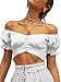 LYANER Women's Ruffle Short Sleeve Tie Up Back Crop Top Off Shoulder Bardot Blouse White Large